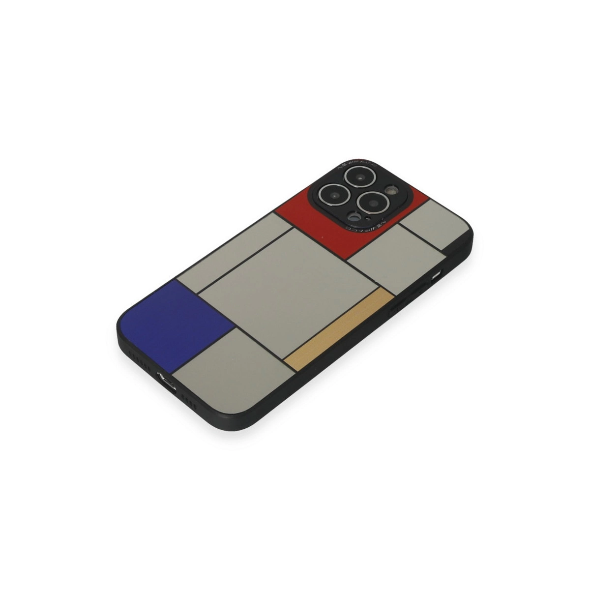 Gri, kırmızı, mavi ve altın renklerinde geometrik desenli iPhone arkası.