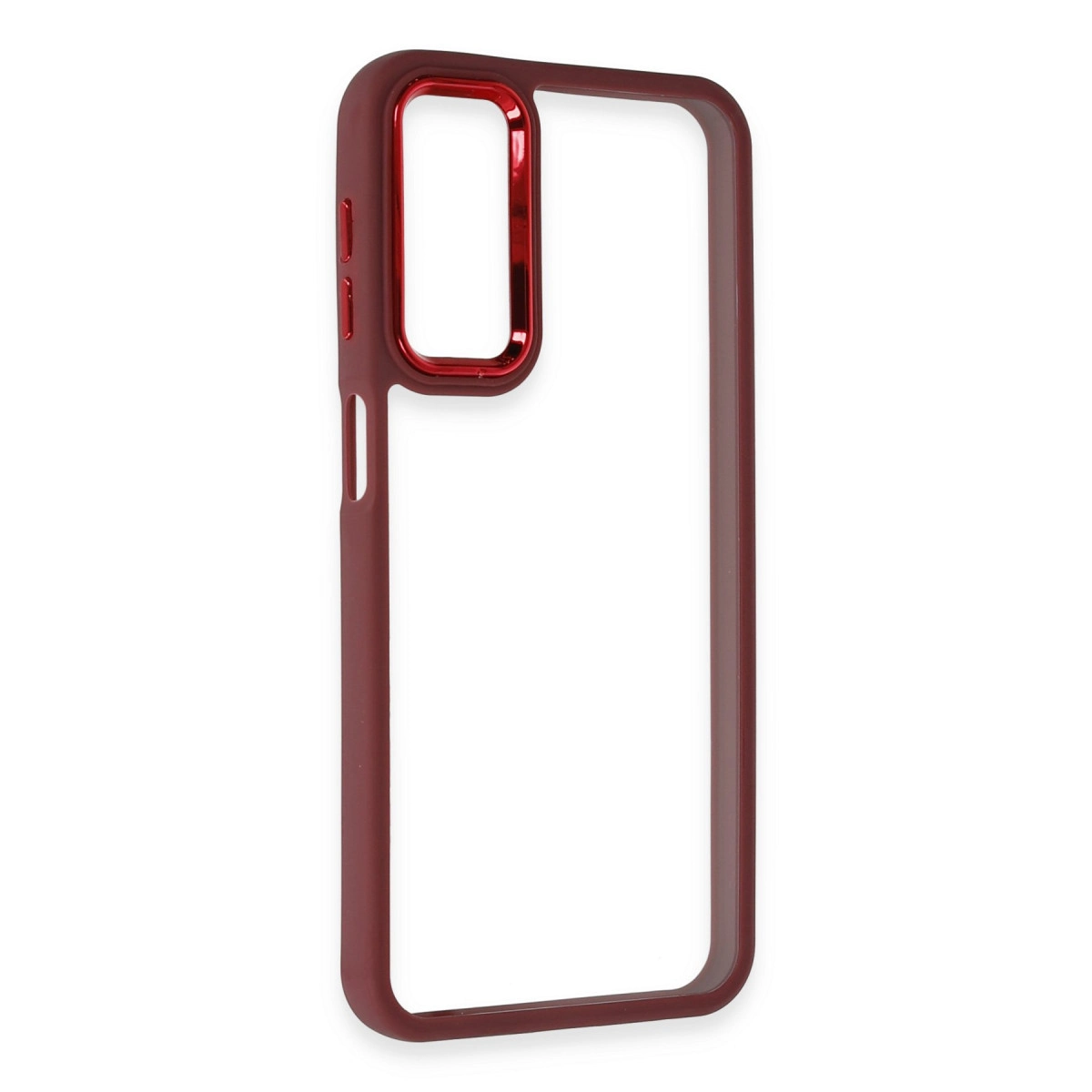 Parlak kırmızı metalik kenarlı, kesiklere sahip koyu kırmızı telefon kılıfı.