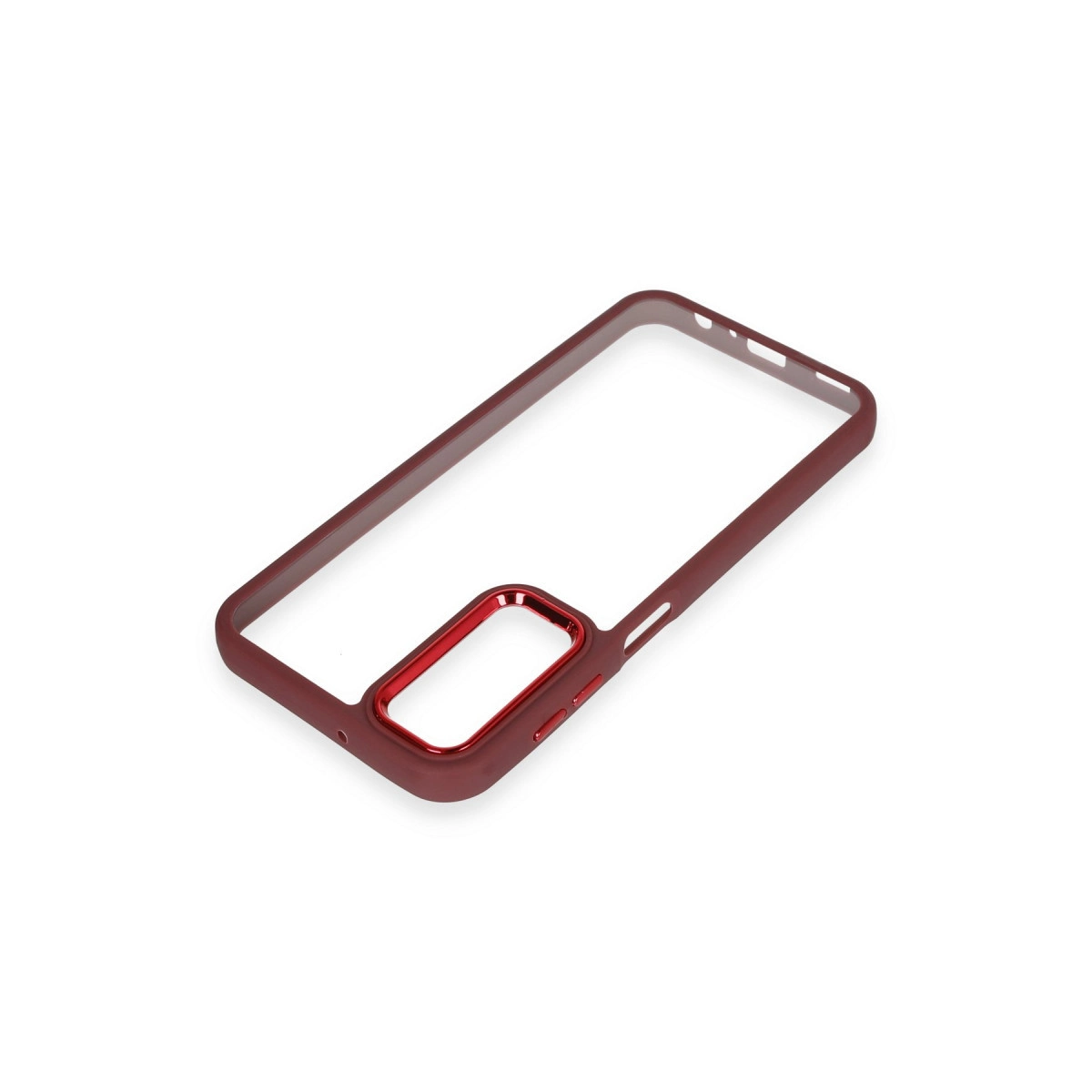 Koyu kırmızı telefon kılıfı çerçevesi, kamera ve düğmeler için kesikler.