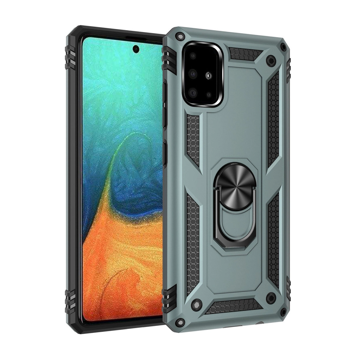 Akıllı telefonda halka tutuculu turkuaz telefon kılıfı.