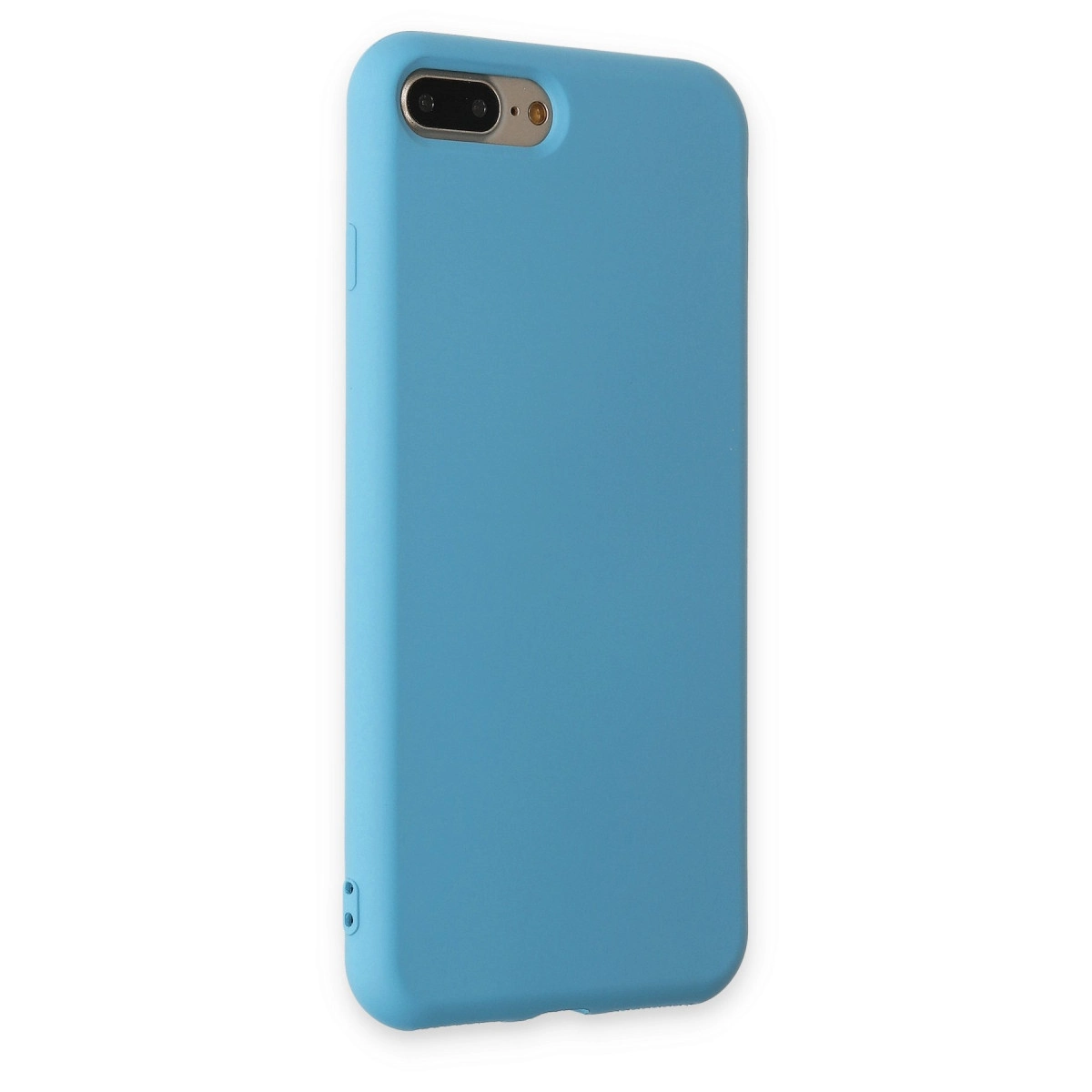Kamera açıklığı ve düğmeleri olan açık mavi iPhone kılıfı.