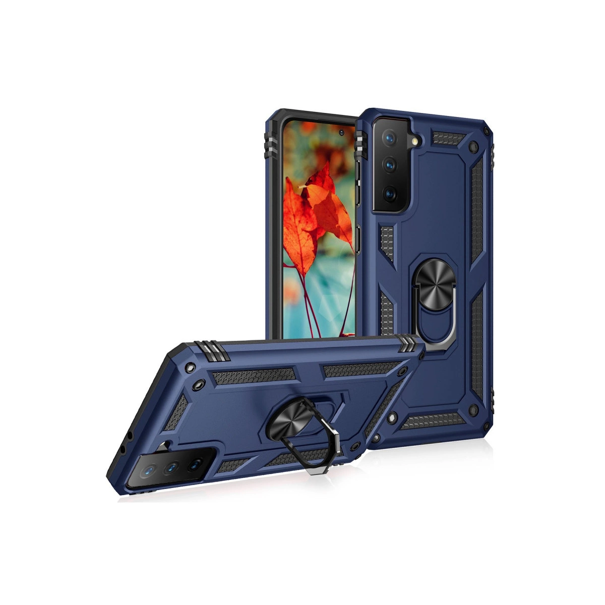 Halka tutuculu ve kamera kesimli lacivert telefon kılıfı.
