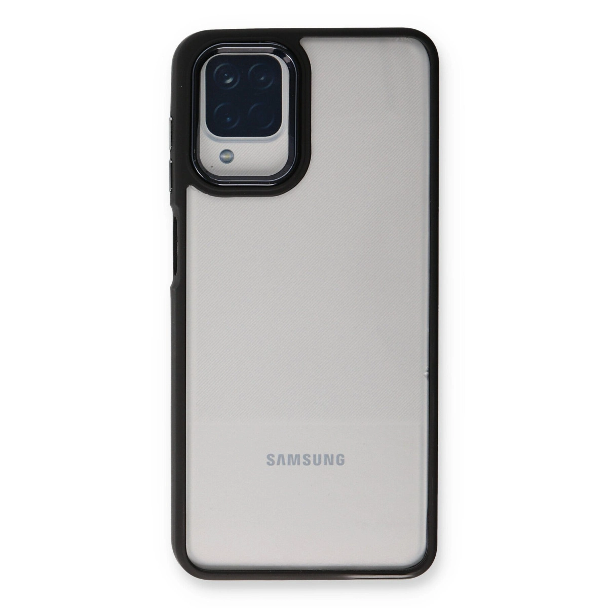 Siyah çerçeveli ve dört kameralı şeffaf Samsung telefon kılıfının arkası.