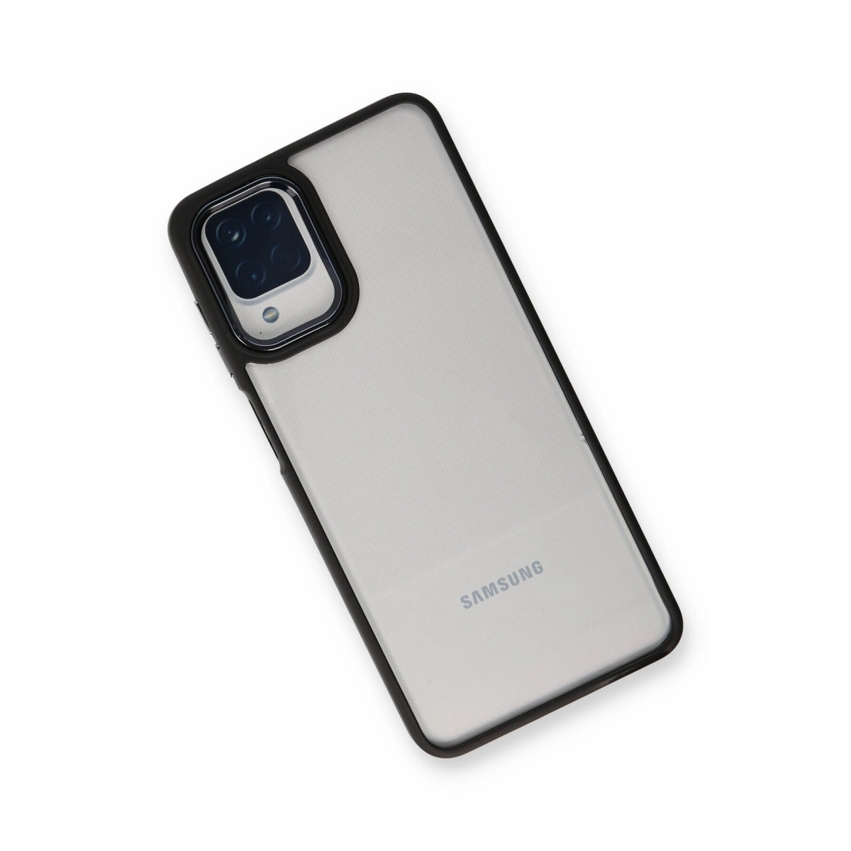 Siyah çerçeveli, kamera dizilimli ve SAMSUNG logolu şeffaf telefon kılıfı.