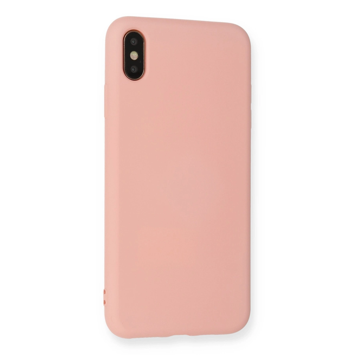 Arkada iki kamerası olan pembe iPhone kılıfı, beyaz zeminde.