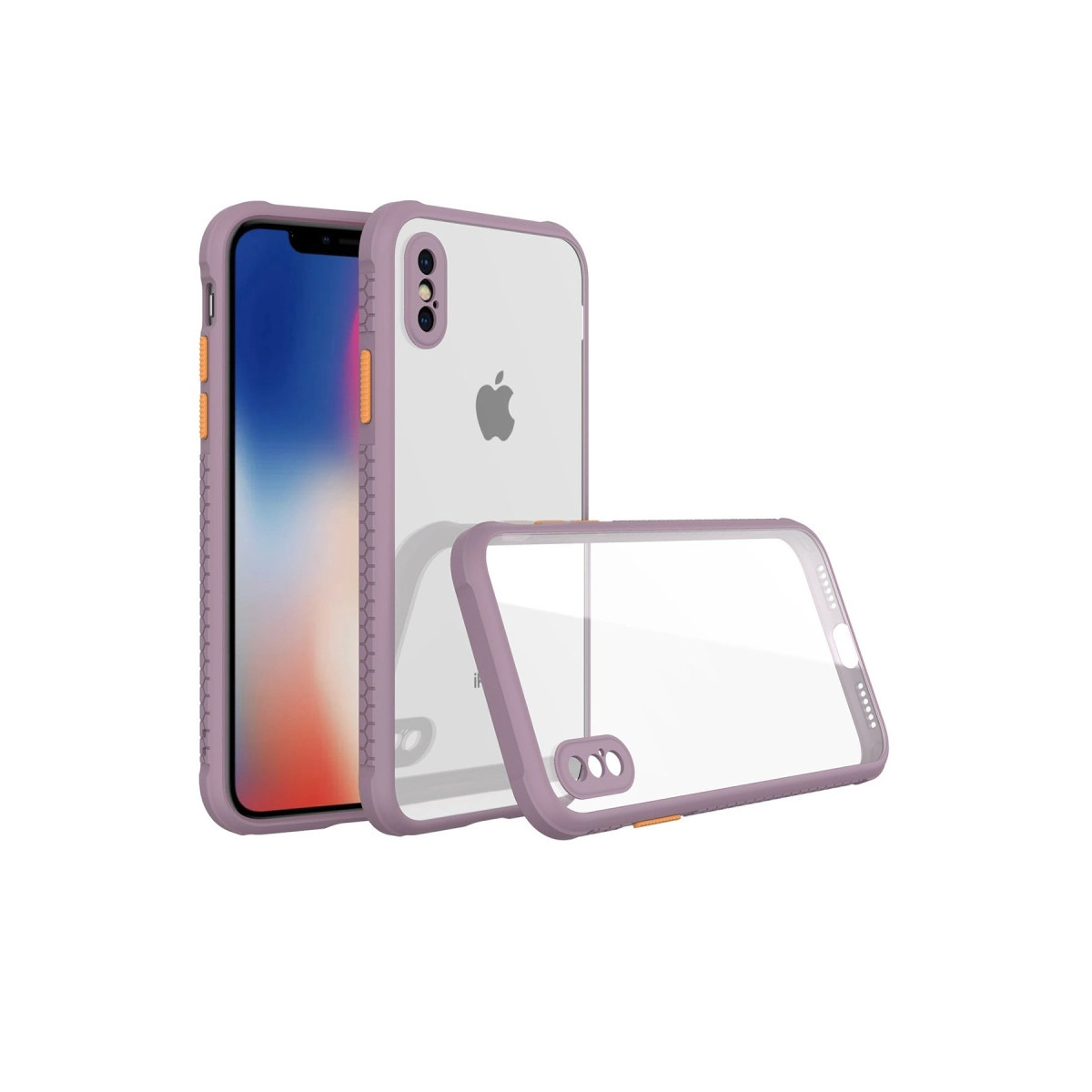 Mor iPhone kılıfı şeffaf arka yüzlü, yanında başka bir kılıf.