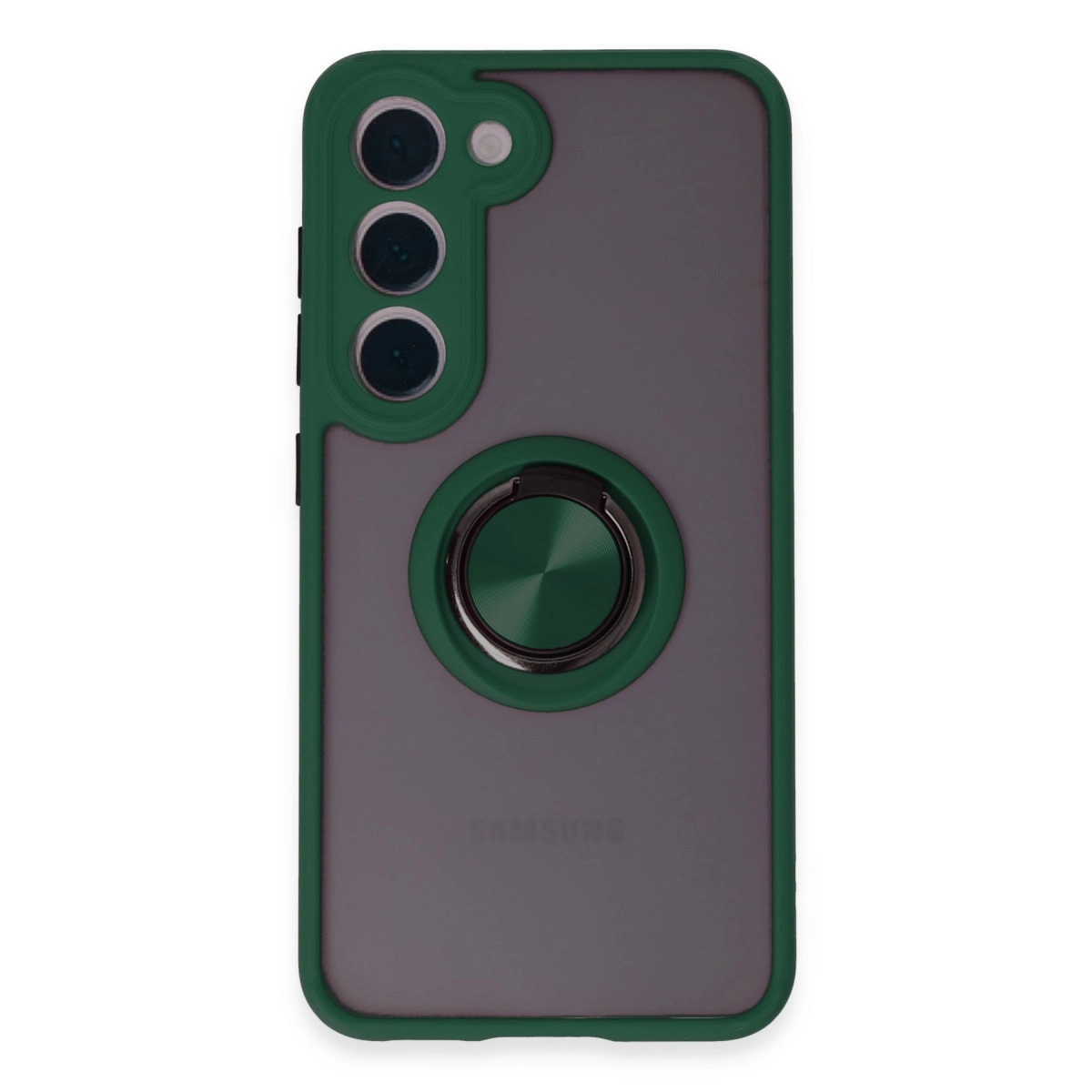Arkada üç kamera ve halka tutuculu yeşil telefon kılıfı.