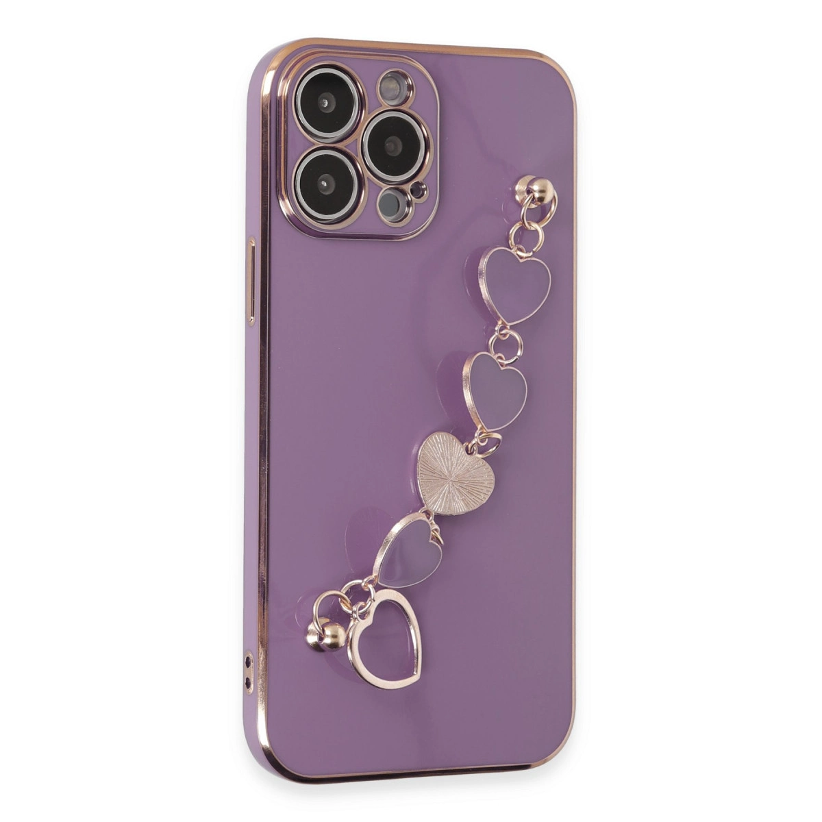 Kalp figürlü kolyeli mor telefon kılıfı ve kamera modülü.