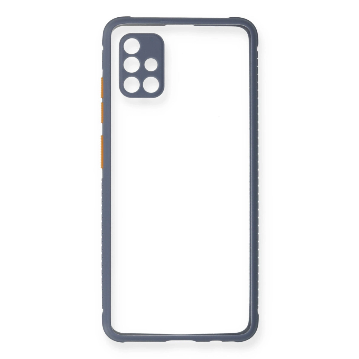 Koyu çerçeveli ve kamera kesimli şeffaf telefon kılıfı.