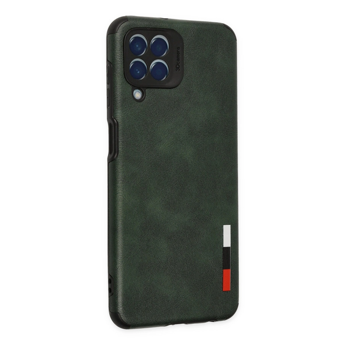 Dört kameralı, çizgili koyu yeşil telefon kılıfı.