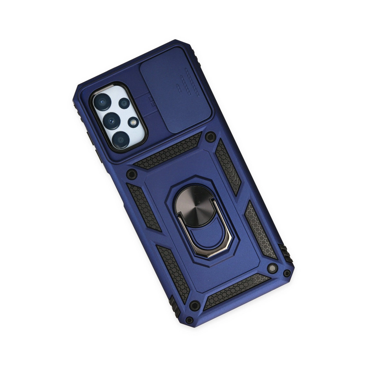 Kamera kapaklı ve halka tutuculu lacivert telefon kılıfı.