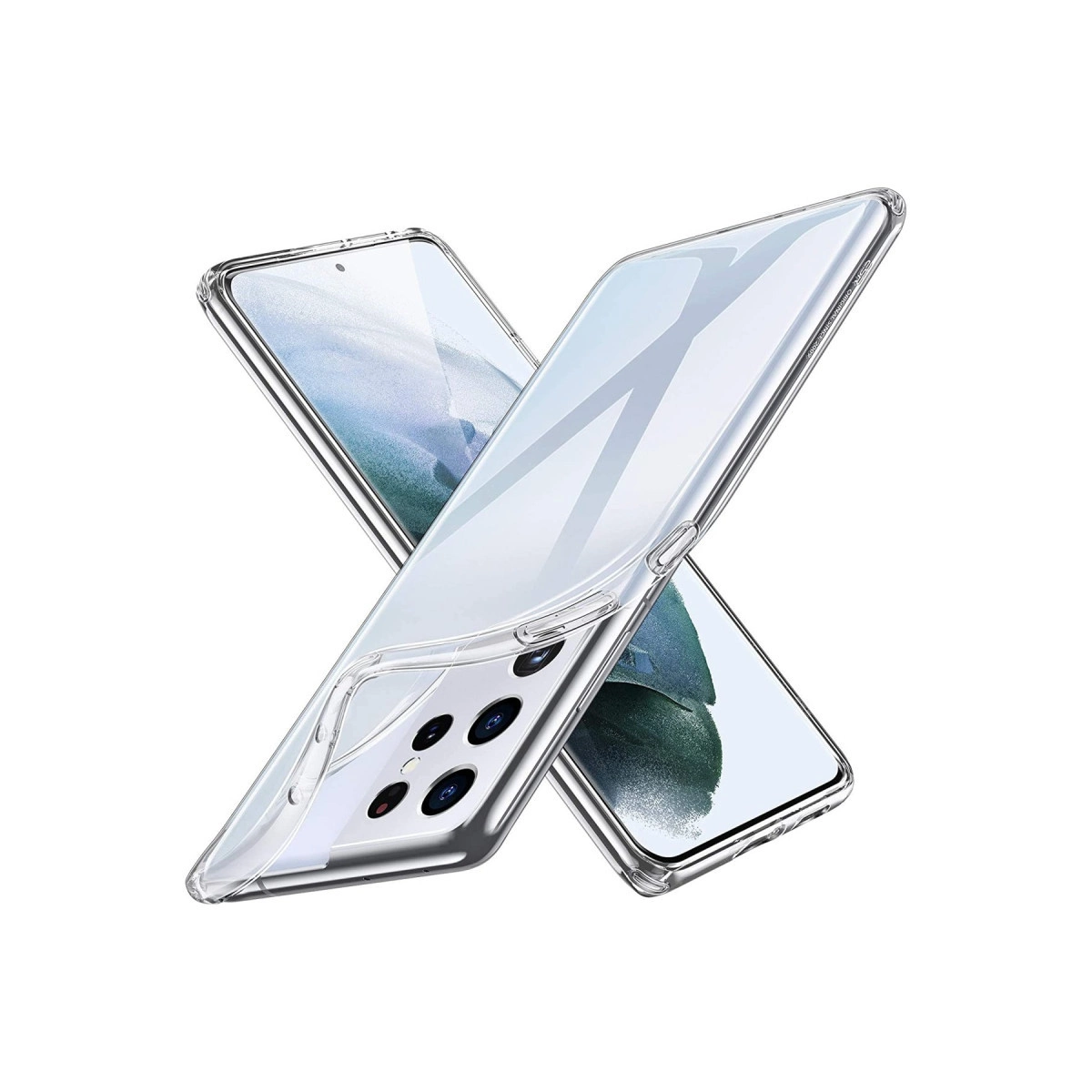 X şeklinde iki şeffaf telefon kılıfı. Kamera lensleri görünür.