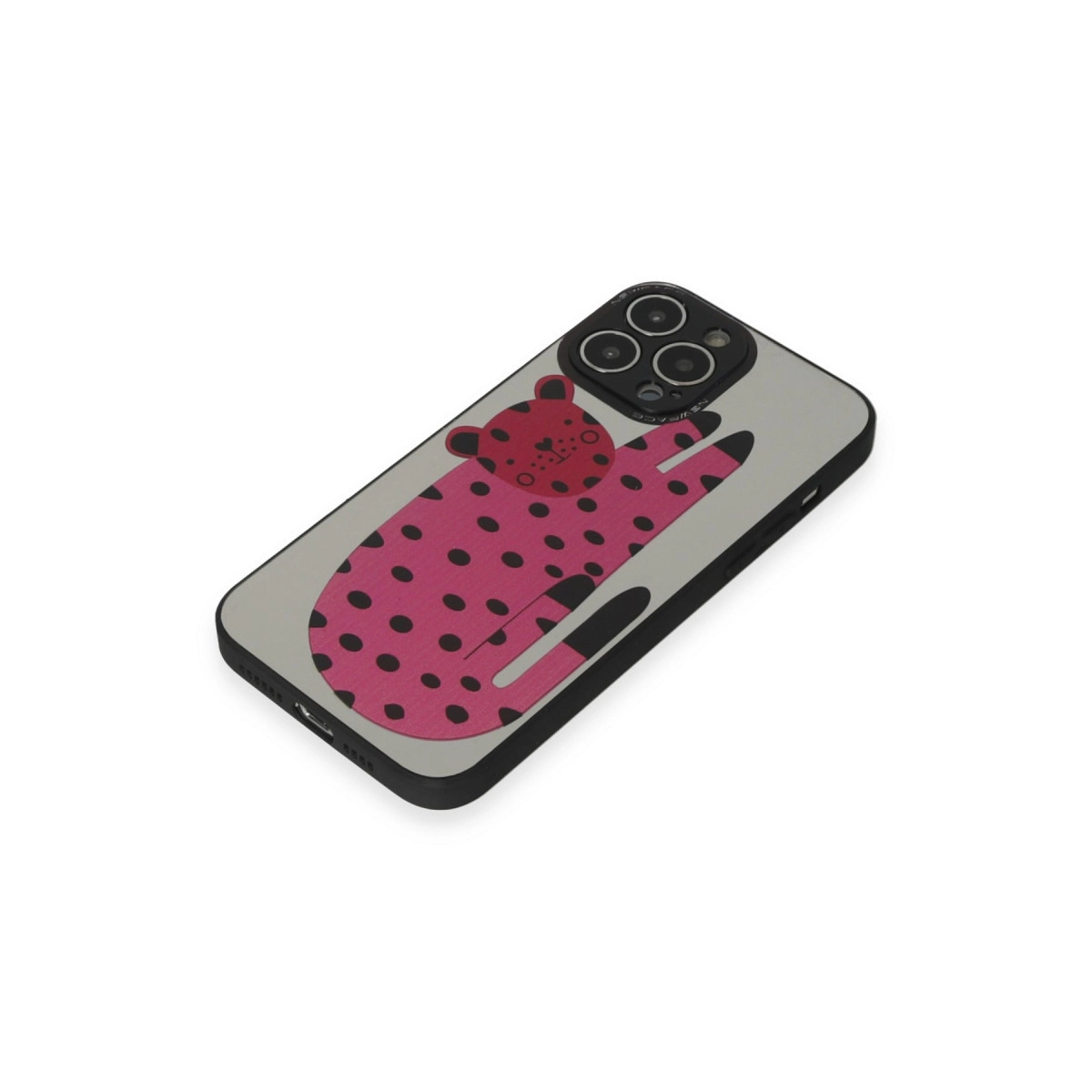 Telefon kılıfında siyah puantiyeli pembe bir leopar.