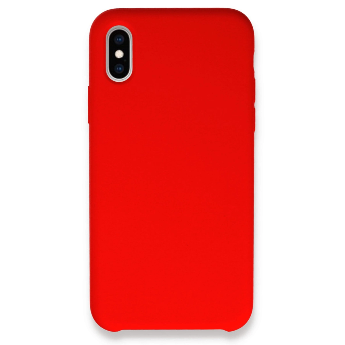 Sol üstte iki kamera açıklığı bulunan kırmızı telefon kılıfı.
