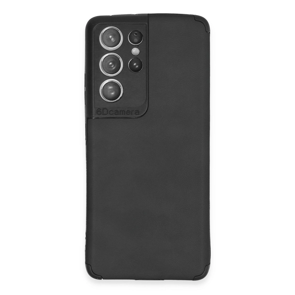 Beş lens ve flaş gösteren kamera modülüne sahip siyah telefon kılıfı.