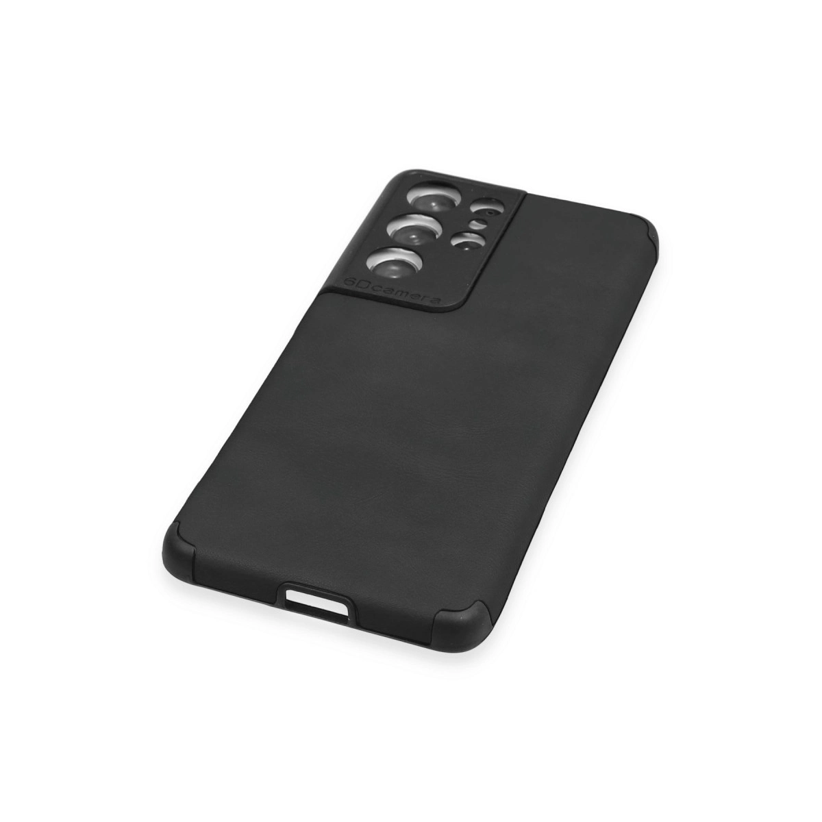 Beyaz arka plan üzerinde 6D kamera modüllü siyah telefon kılıfı.