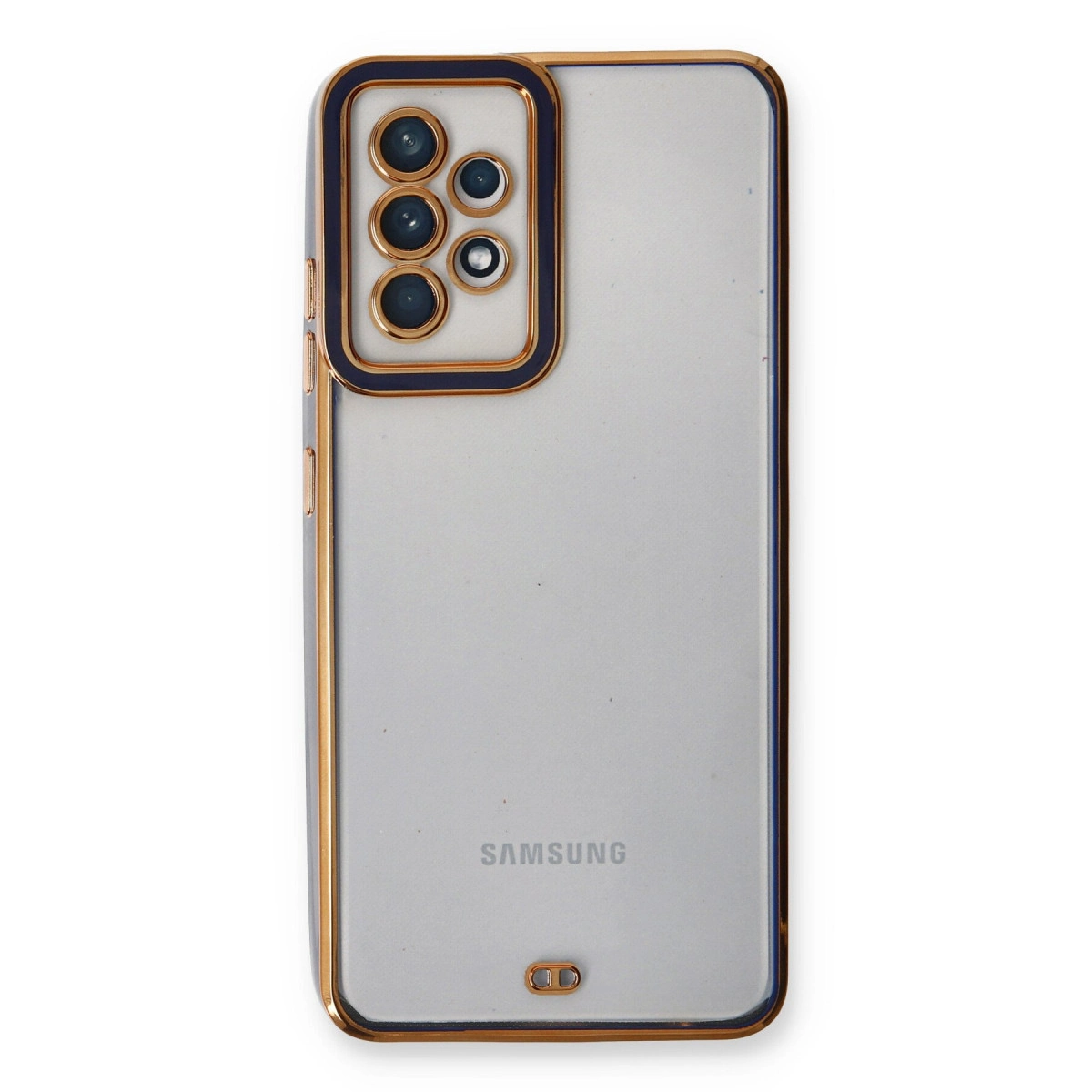 Altın çerçeveli ve kamera kesimli şeffaf Samsung telefon kılıfı.