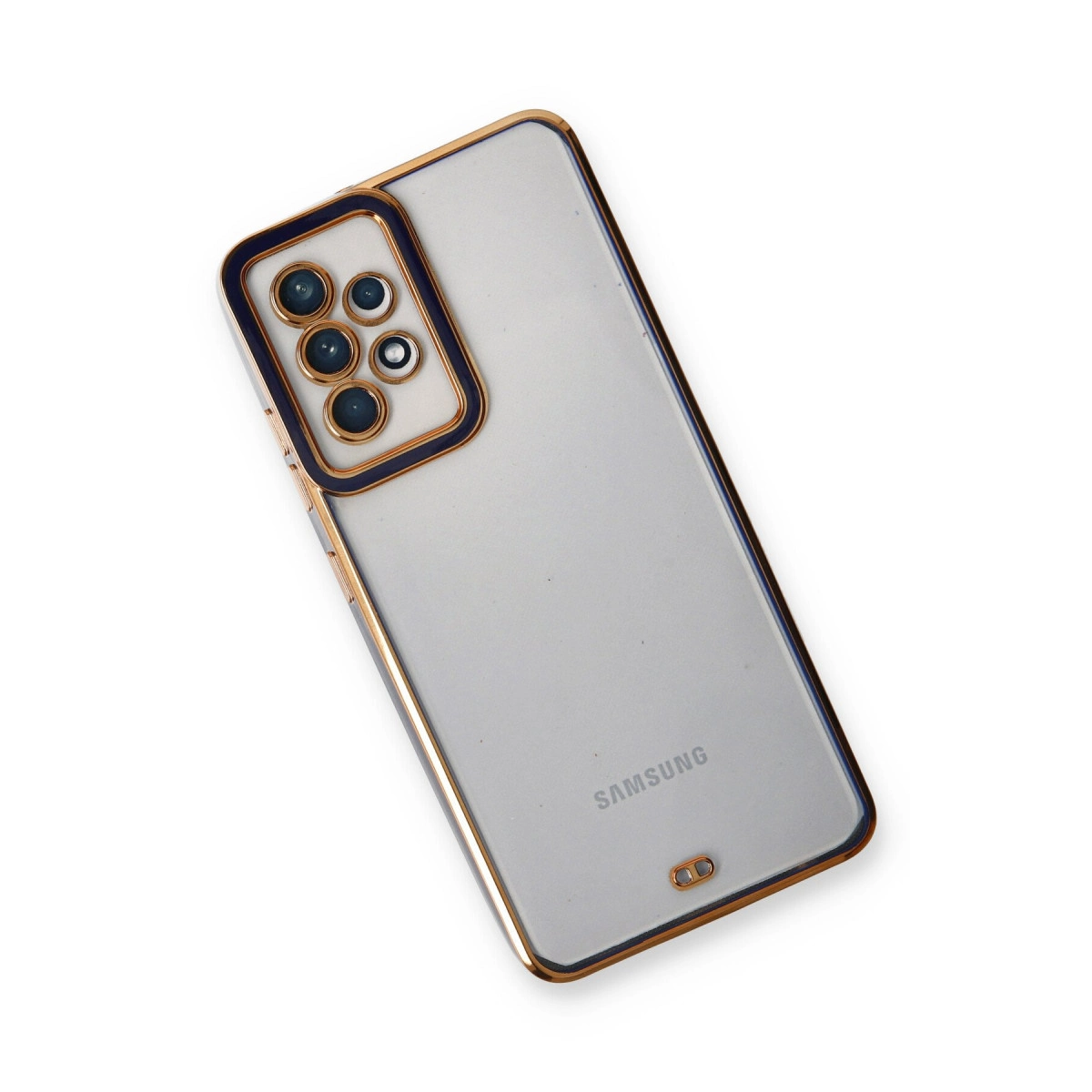 Altın süslemeli ve koyu mavi kamera çerçeveli şeffaf telefon kılıfı, birden fazla lens gösteriyor.