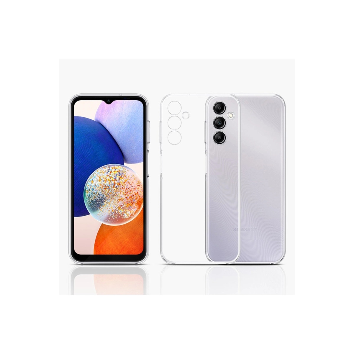 Telefon ve iki kılıf içeren şeffaf kılıf seti.