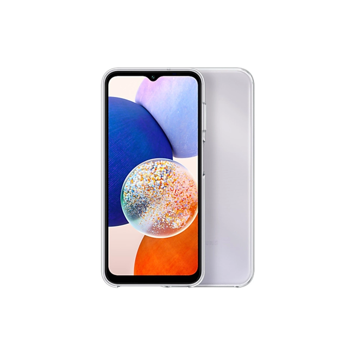 Şeffaf kılıflı gümüş akıllı telefon. Ekran renkli küreler gösteriyor.