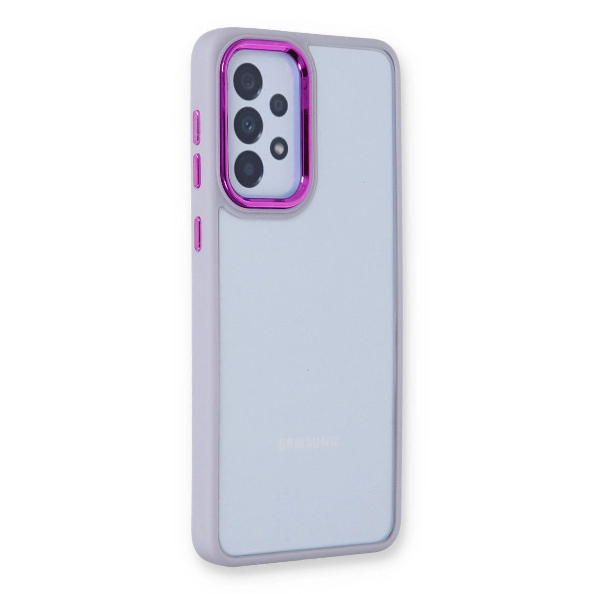 Mor kamera lens çerçeveli açık gri Samsung telefon.