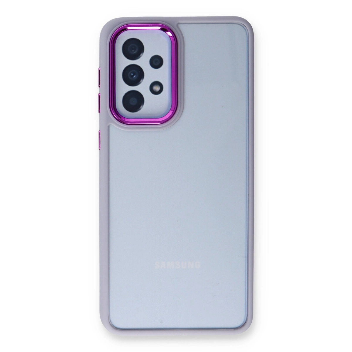 Mor kamera çerçevesi ve logosuna sahip açık gri Samsung telefon.
