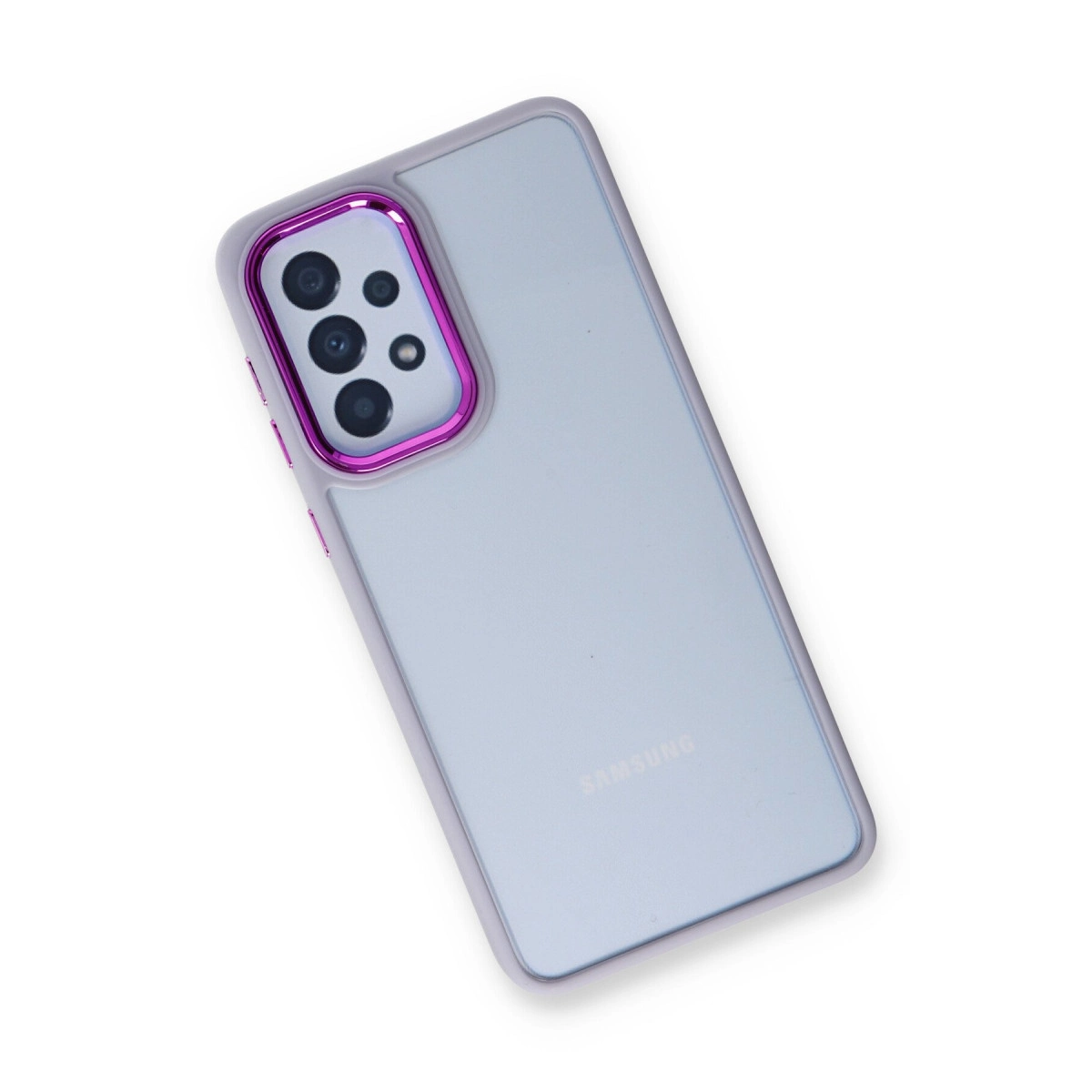 Beyaz arka plan üzerinde mor kamera lens çerçeveli açık gri akıllı telefon.