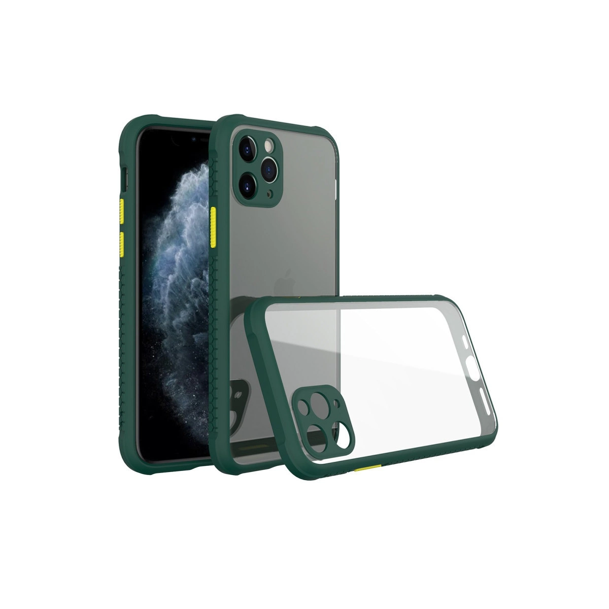 Arkada iPhone bulunan yeşil bir telefon kılıfı seti.
