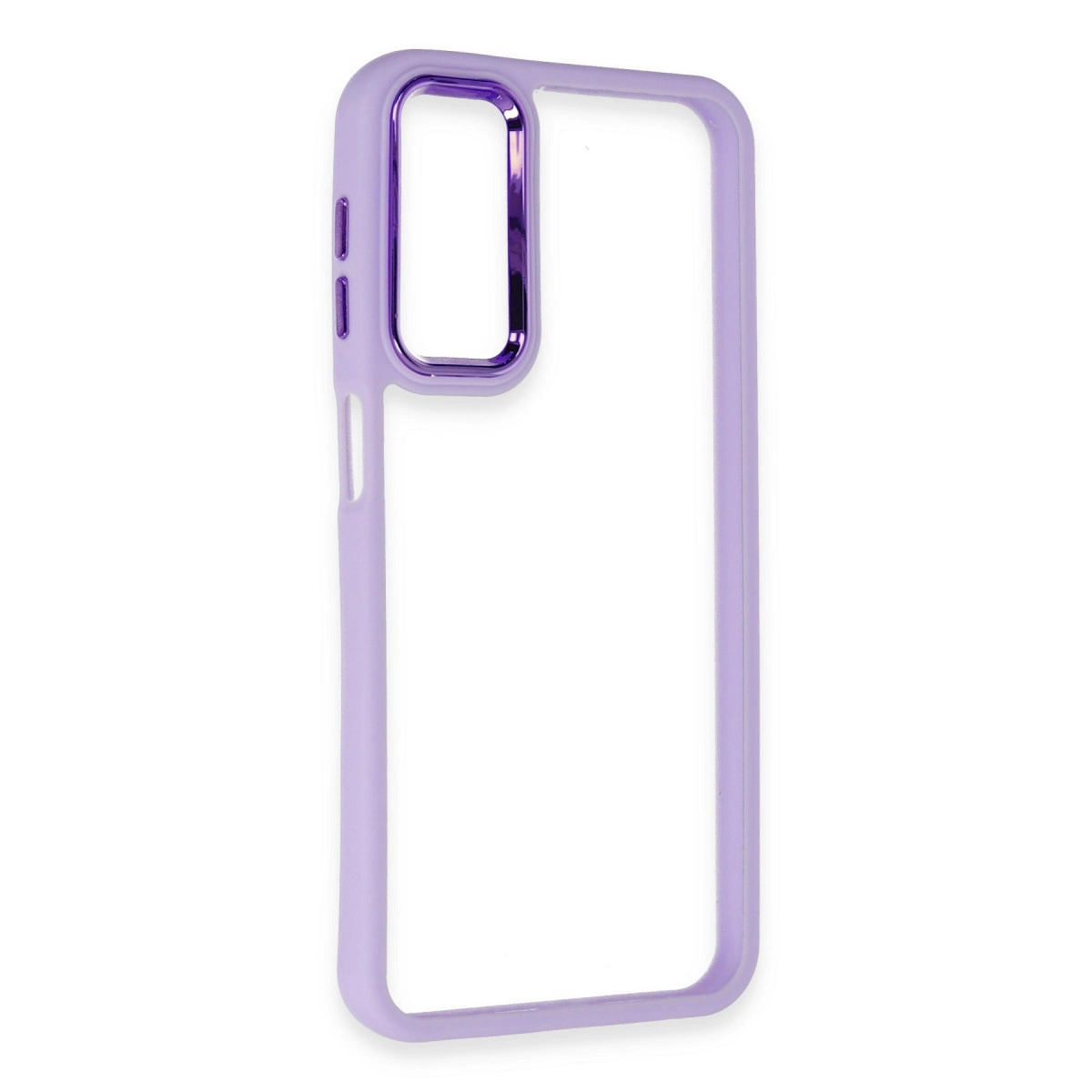 Parlak kenarlı mor çerçeveli şeffaf telefon kılıfı.