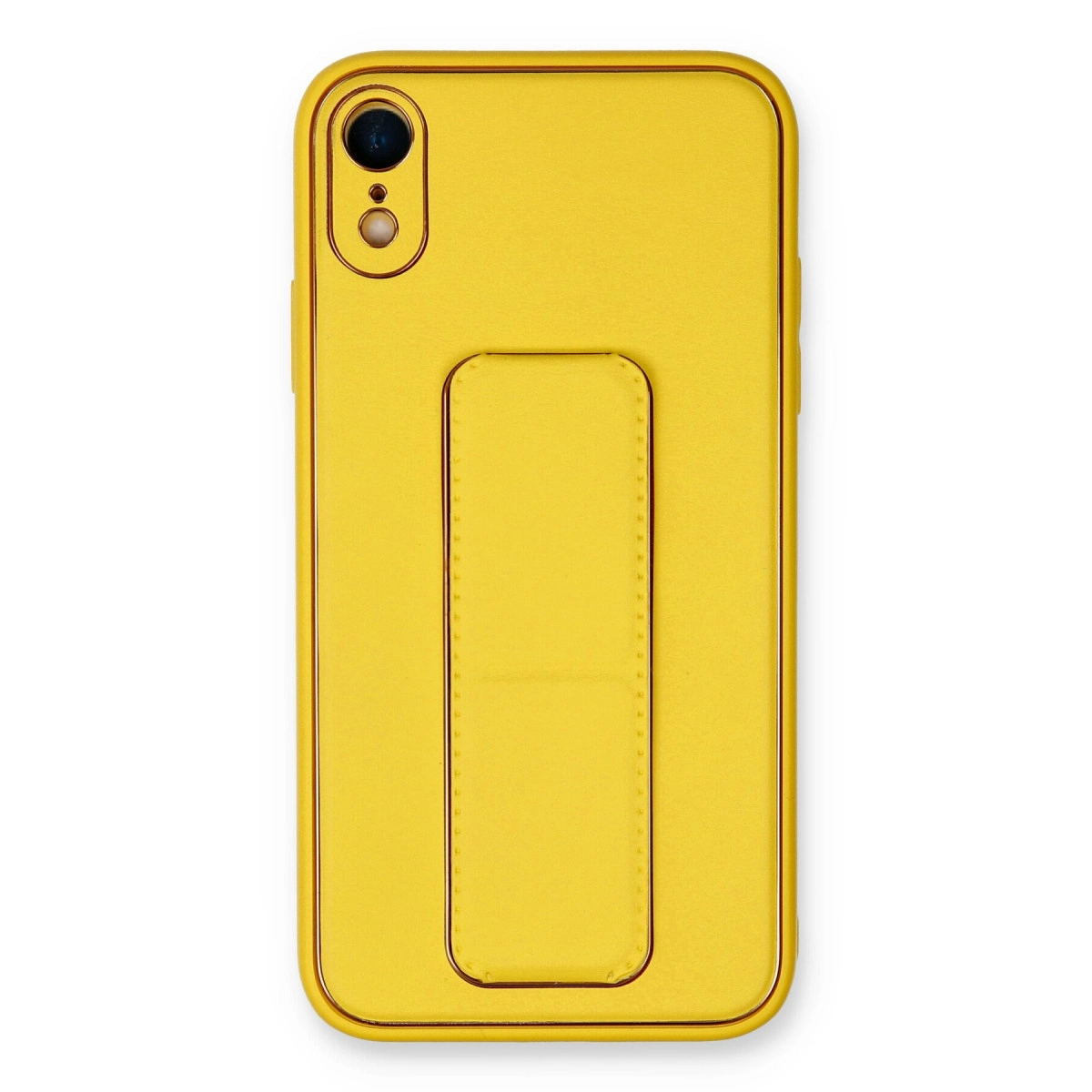 Sarı telefon kılıfı stantlı ve lensli.