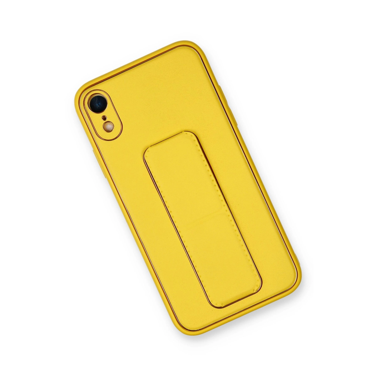 Entegre tutamaklı ve kamera modüllü sarı telefon kılıfı.