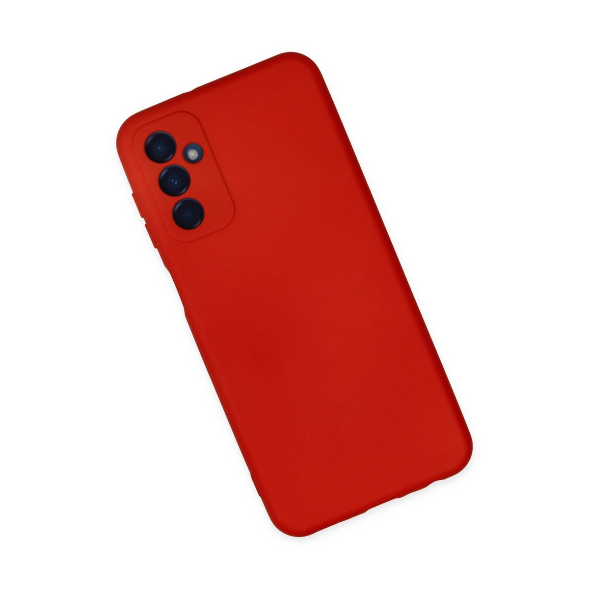 Arkada üç kamerası olan kırmızı akıllı telefon, beyaz zeminde.
