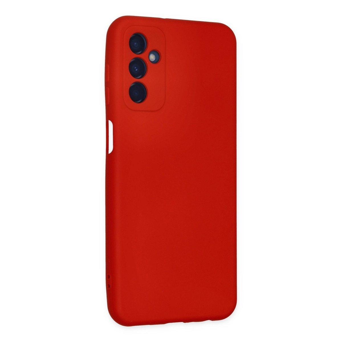 Arkada üç kamera lensi olan kırmızı telefon kılıfı.