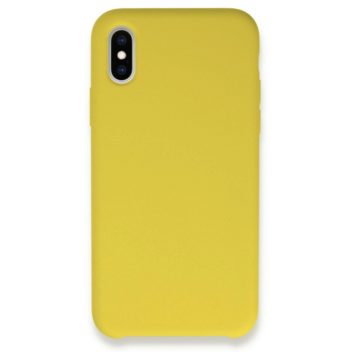 Kamera açıklığı ve ses düğmeleri olan sarı iPhone kılıf detayı.
