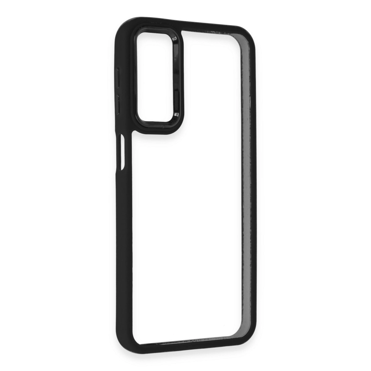 Kamera ve düğmeler için şeffaf kesimli siyah telefon kılıfı.