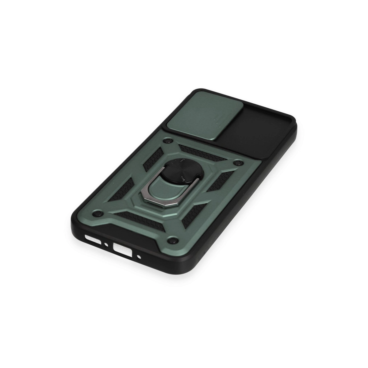 Halka tutuculu ve kayar kamera kapaklı yeşil telefon kılıfı.