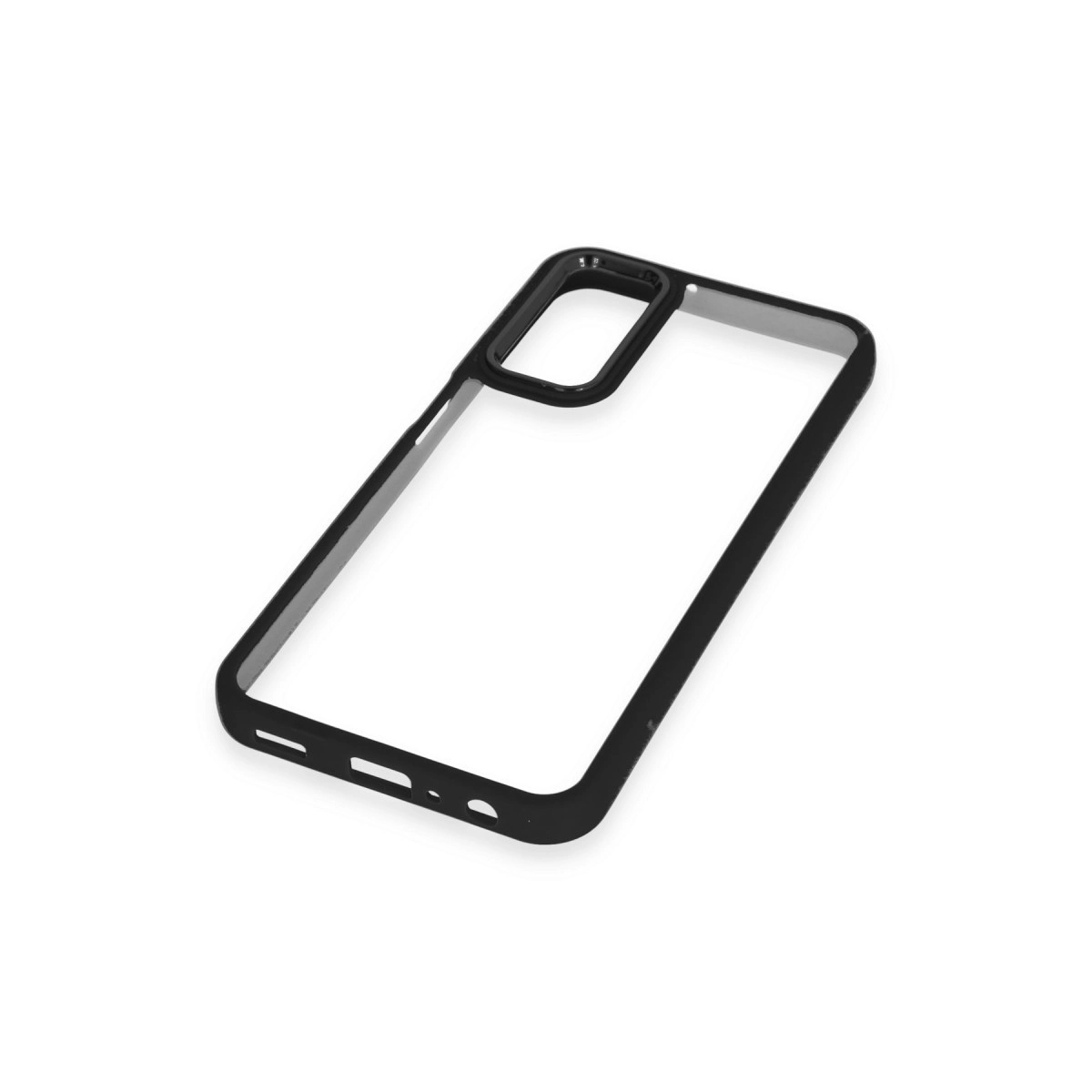 Kamera ve bağlantı noktaları için kesiklere sahip siyah şeffaf telefon kılıfı.