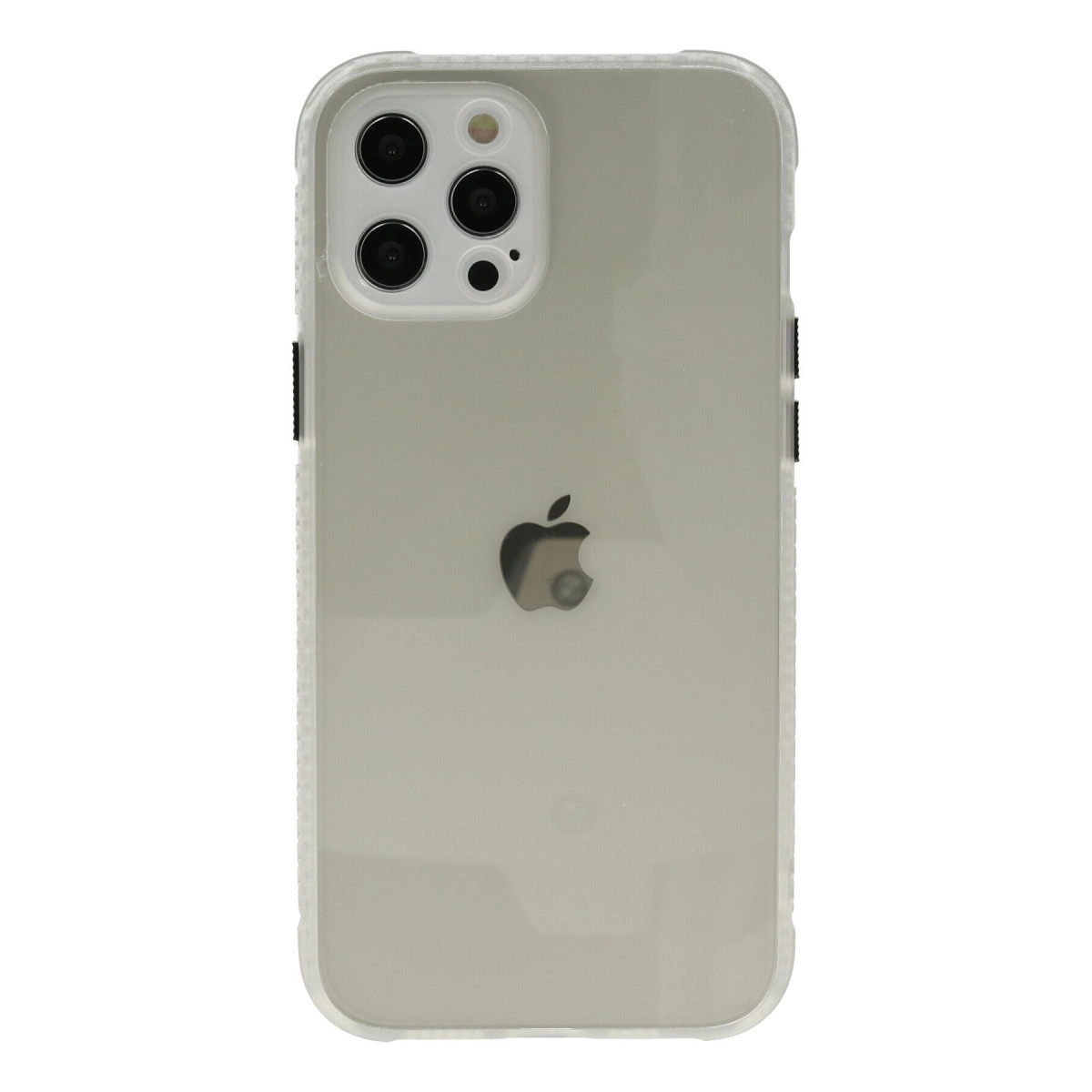 Dört kameralı ve Apple logolu şeffaf iPhone kılıfı.