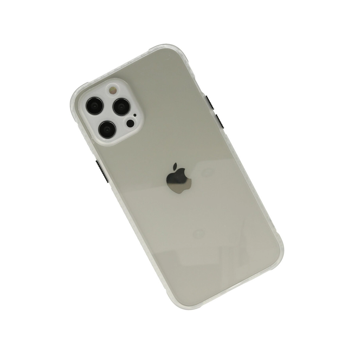 Apple logosunu gösteren açık gri bir iPhone'a sahip şeffaf telefon kılıfı.