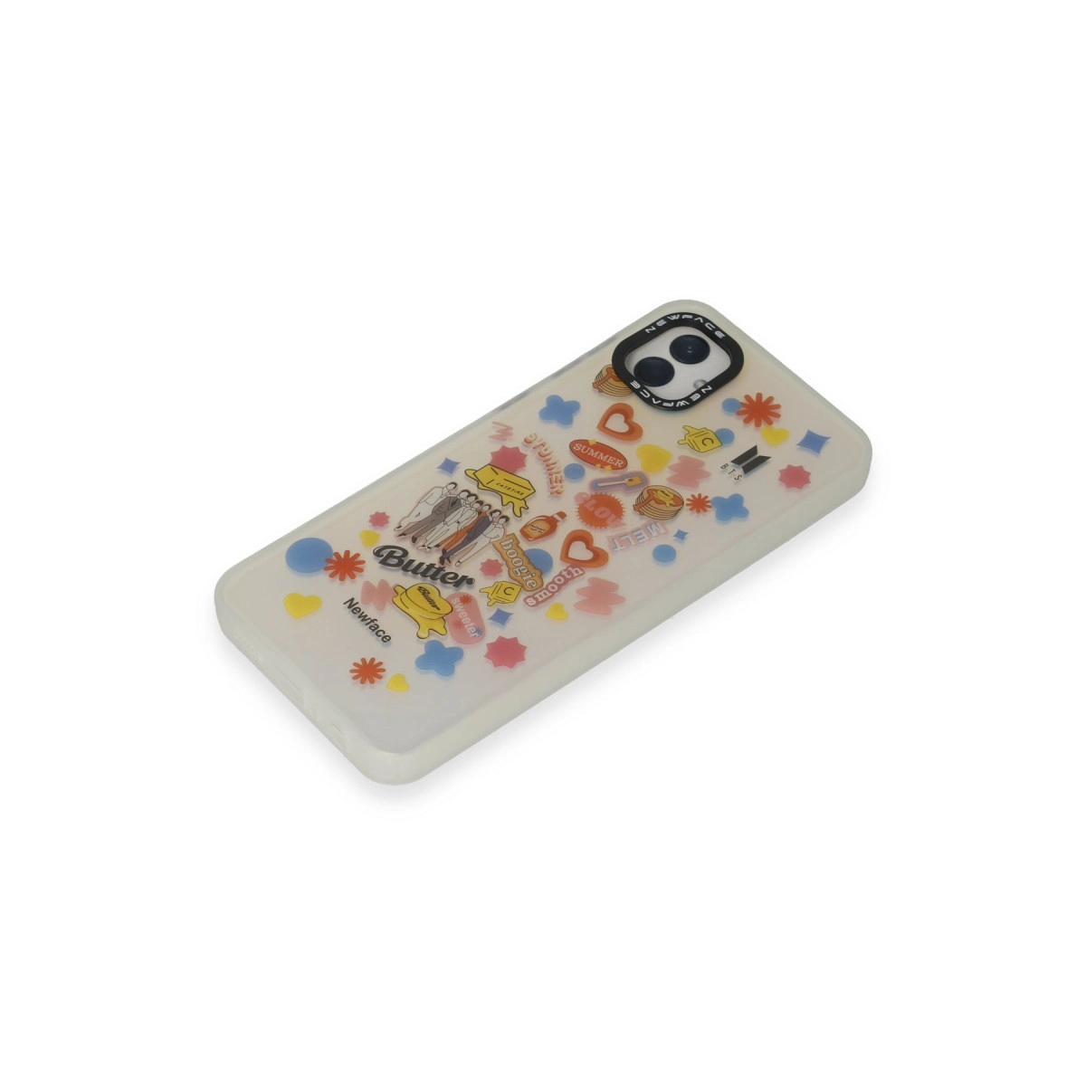 Renkli çıkartmalarla BTS Butter temalı şeffaf telefon kılıfı.