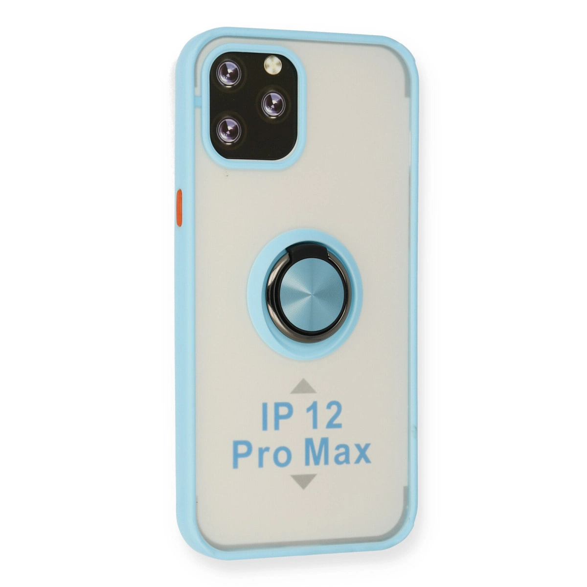 Halka tutuculu ve 'IP 12 Pro Max' yazılı açık mavi telefon kılıfı.