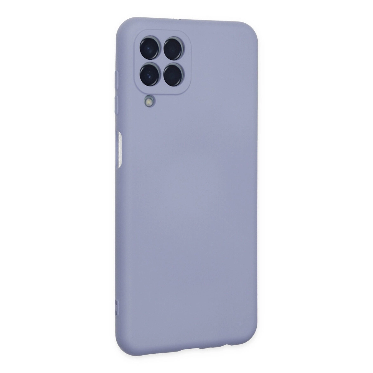 Dörtlü kamera ve flaşlı açık mor telefon kılıfı beyaz zeminde.