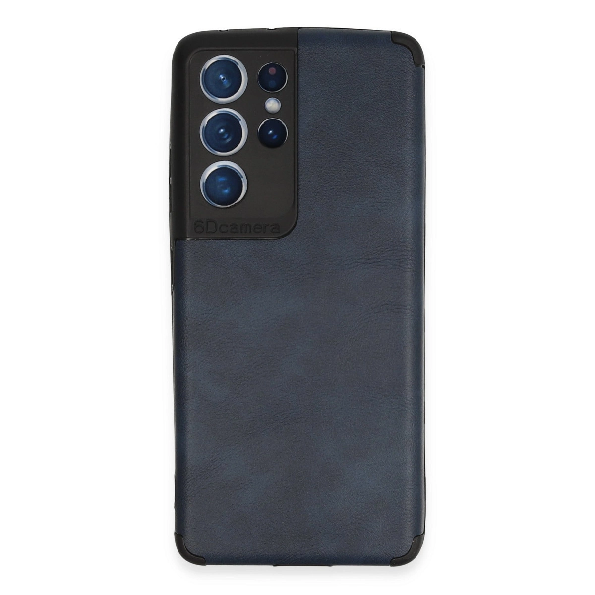 Altı lensli kamera modülü ve siyah çerçeveli lacivert telefon kılıfı.