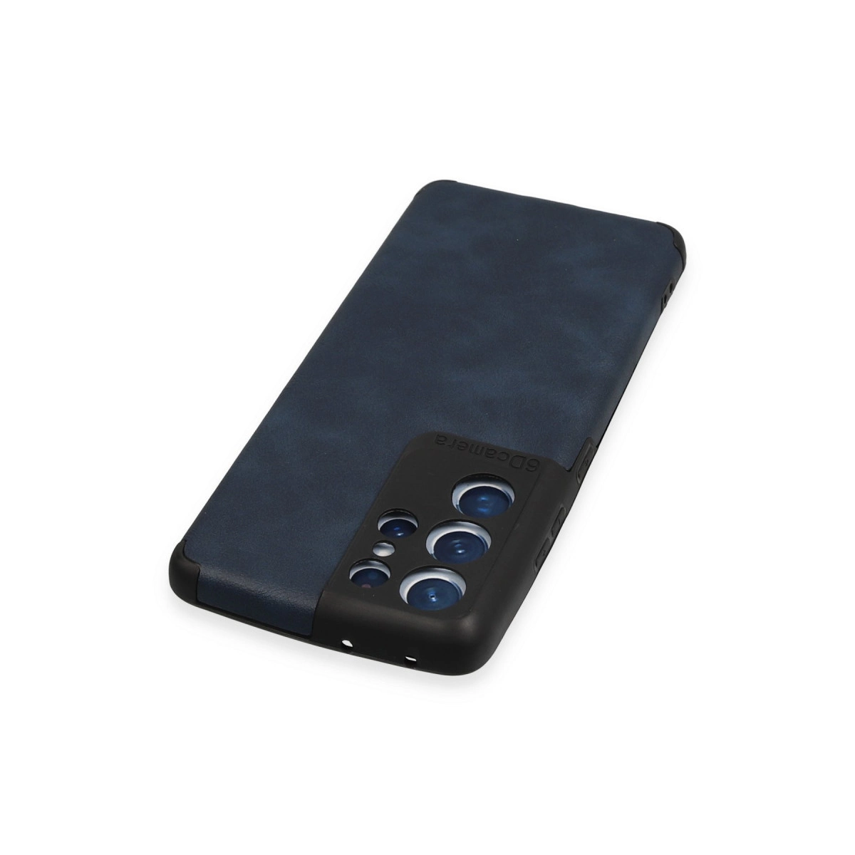 Koyu mavi telefon kılıfı, siyah kamera çerçevesi ve birden fazla lens.
