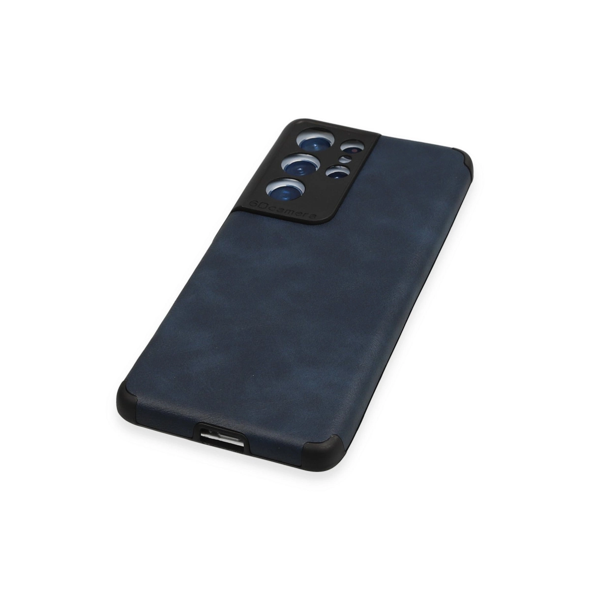 Kamera modülü ve şarj portlu lacivert telefon kılıfı.