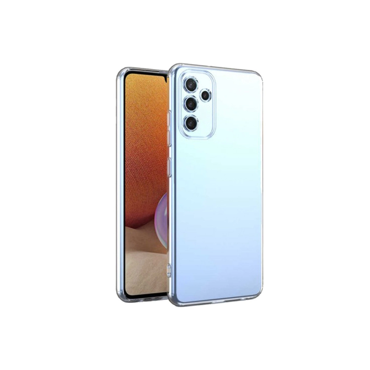Beyaz arka plan üzerinde mavi gradyanlı şeffaf telefon kılıfı.