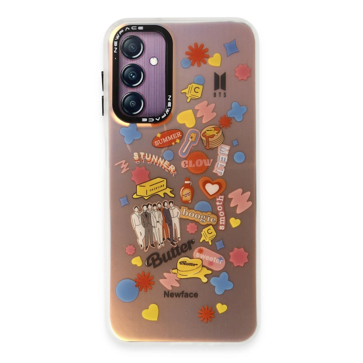 BTS temalı telefon kılıfı, üzerinde Butter, Summer, Clou gibi çıkartmalar ve grup üyeleri.