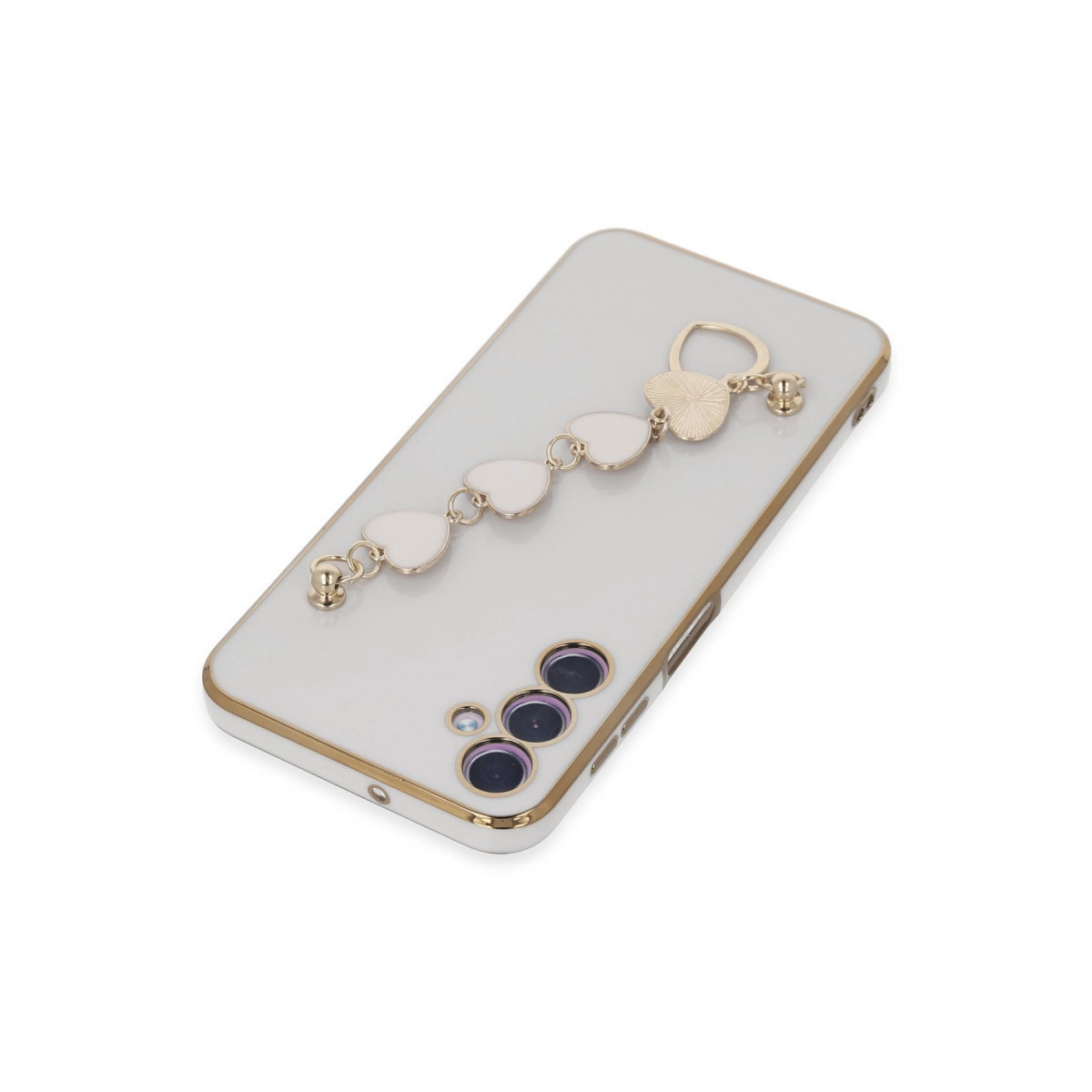 Altın kenarlı beyaz telefon ve kalp charm kolyeli.