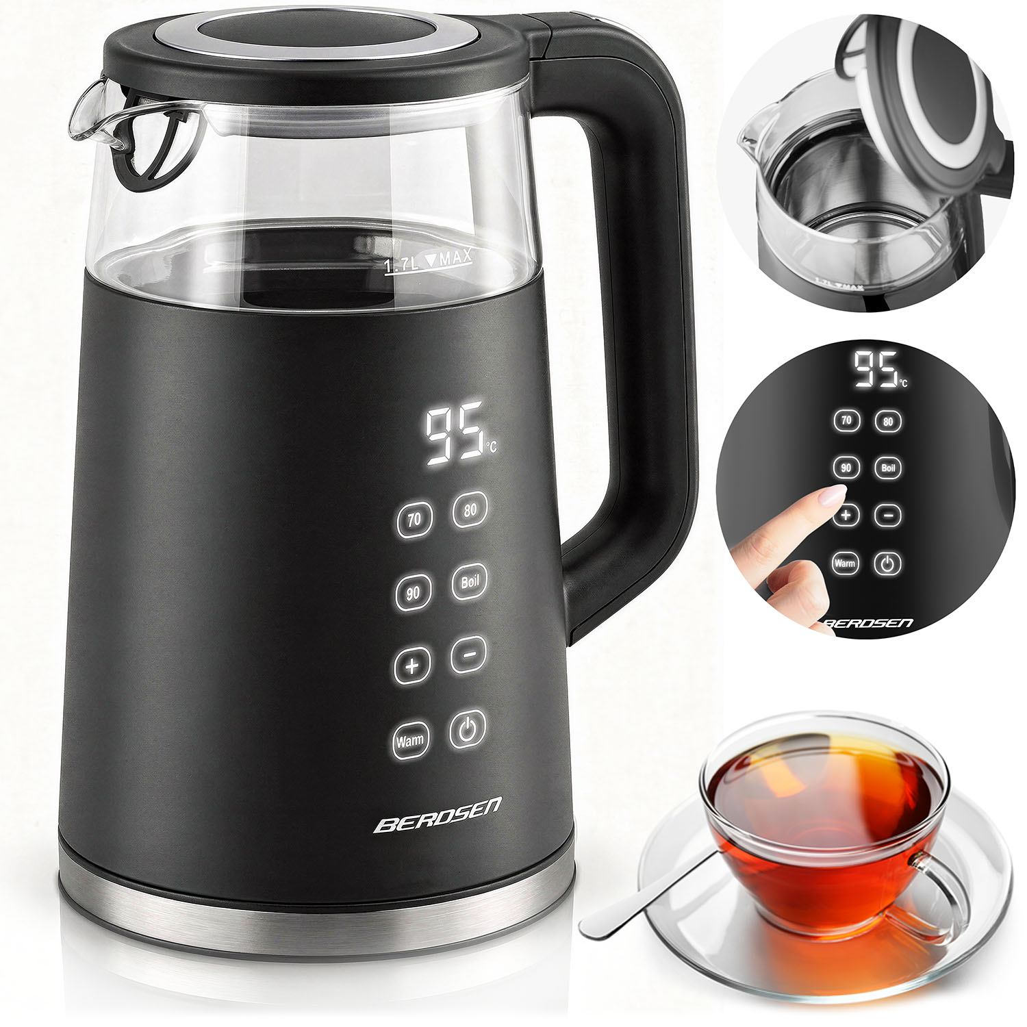 Czajnik elektryczny czarny ze szklaną górą i cyfrowym wyświetlaczem 95°C.