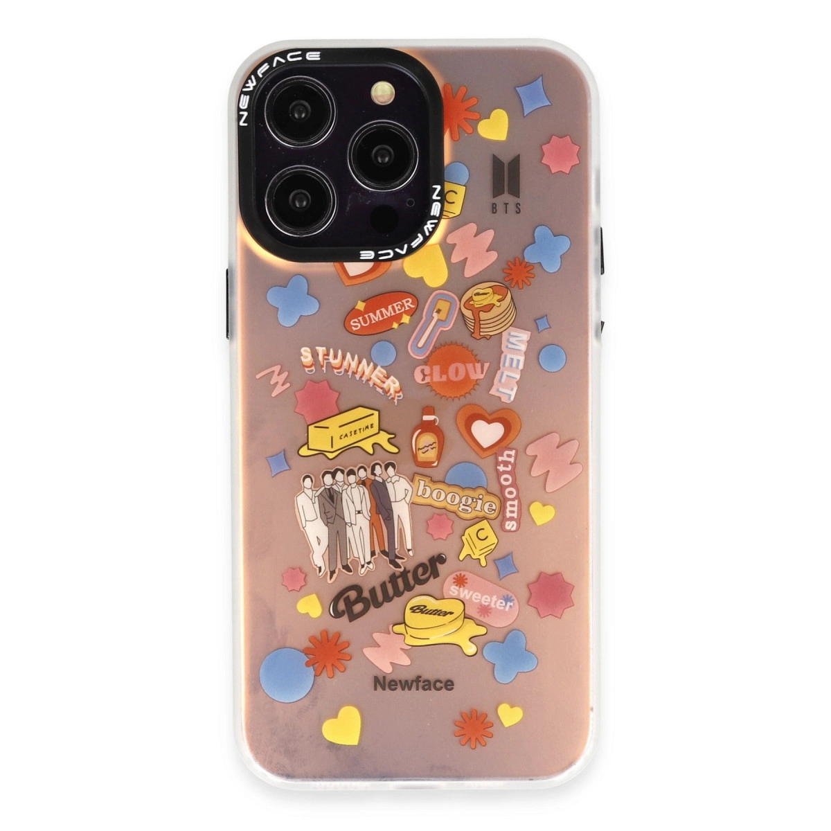 BTS logolu iPhone kılıfı ve Butter, Summer, Clow gibi renkli çıkartmalar.